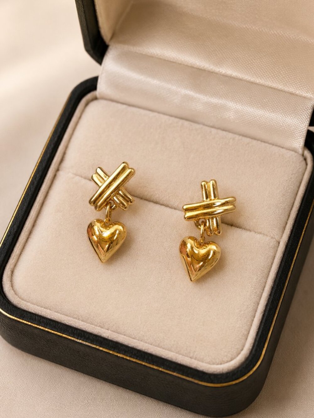 True VTG 1988c 14K Gold Heart Drop Petite X Ribbon Dangle Studs 15mm Earrings